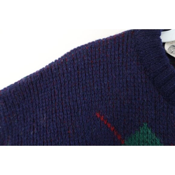 Vintage 70s Streetwear Womens Large Distressed Argyle Wool Ribbed Knit Sweater - Picture 7 of 14